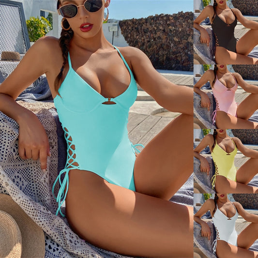 One-piece Solid Color Lace Up Swimsuit