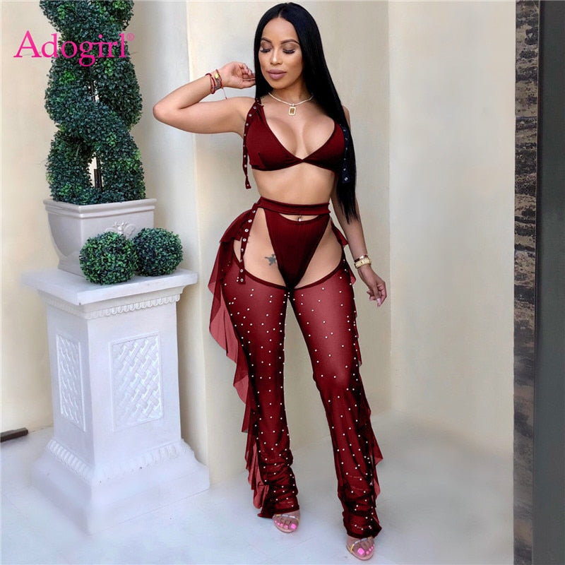 Sexy 3 Piece Set Bra Top Thongs Pearls Ruffle Sheer Mesh Pants Night Club Outfits Fashion Bikini Trousers Suit