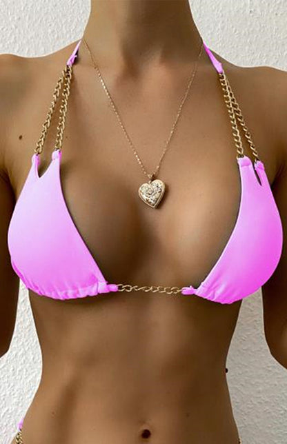 Solid Chain Split Bikini Swimsuit