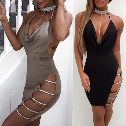 Rhinestone Halter Mini Dress with Slit Detail