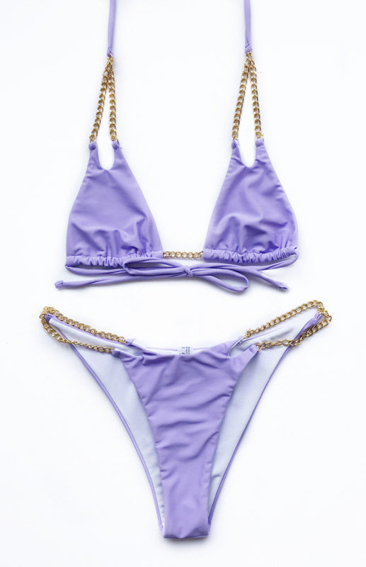 Solid Chain Split Bikini Swimsuit