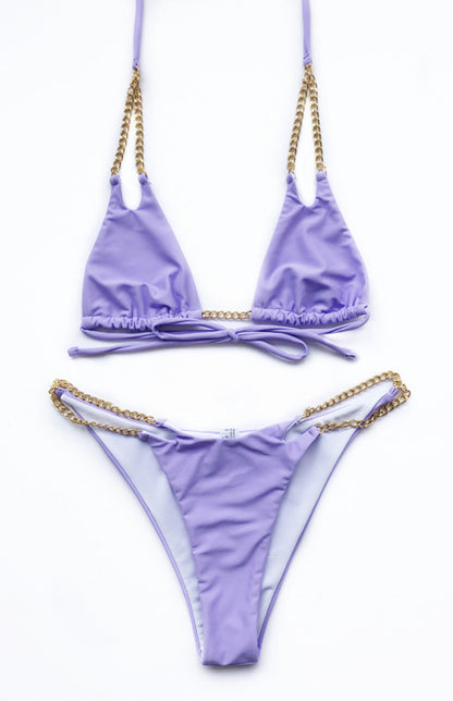 Solid Chain Split Bikini Swimsuit