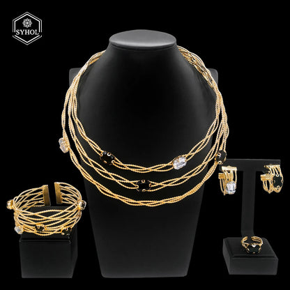 SYHOL 24K Original Women Luxury Jewelry Set Classic Black White Rhinestone Gold Plated Necklace Bracelet Bijoux