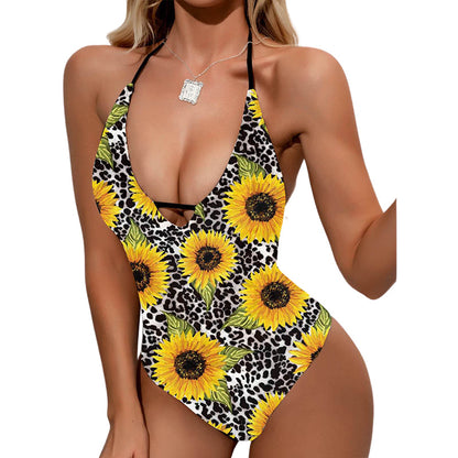 Traje de baño de una pieza con tirantes cruzados y cuello halter de leopardo y girasol 