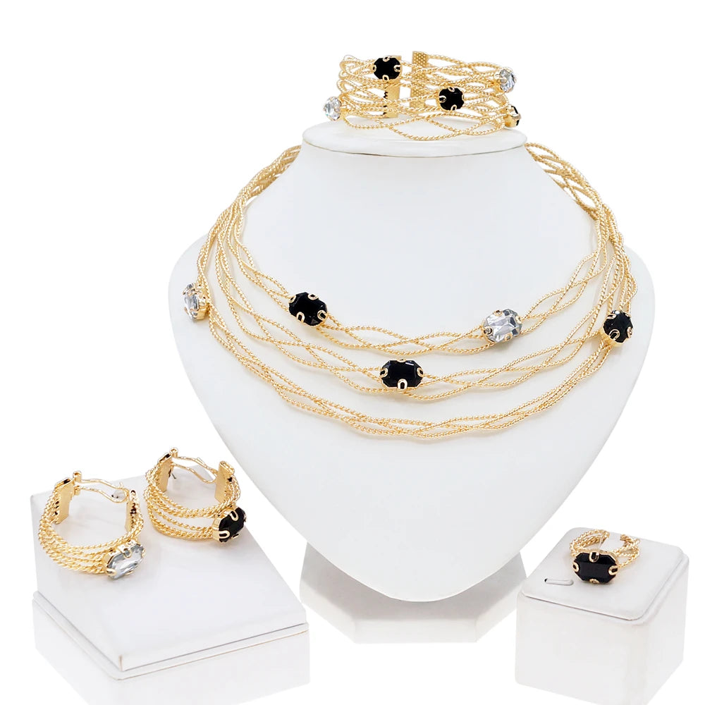 SYHOL 24K Original Women Luxury Jewelry Set Classic Black White Rhinestone Gold Plated Necklace Bracelet Bijoux