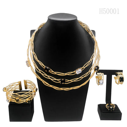 SYHOL 24K Original Women Luxury Jewelry Set Classic Black White Rhinestone Gold Plated Necklace Bracelet Bijoux