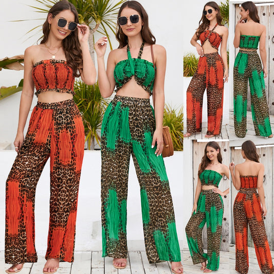 Summer New Suit Slim Fit Bust Hanging Neck Top Printed Wide Leg Pants Casual Fashion Pants Set