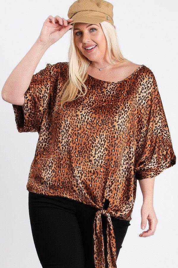 Short Sleeve Side Knot Hemline Leopard Print Woven Top