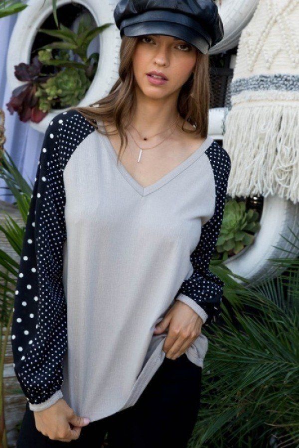 V Neck Contrast Woven Dot Print Long Sleeve Knit Top