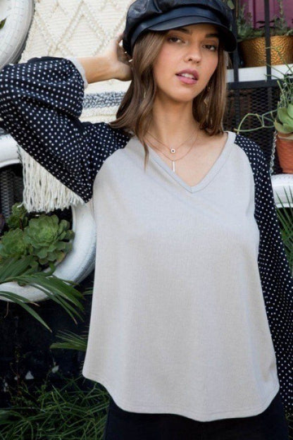 V Neck Contrast Woven Dot Print Long Sleeve Knit Top