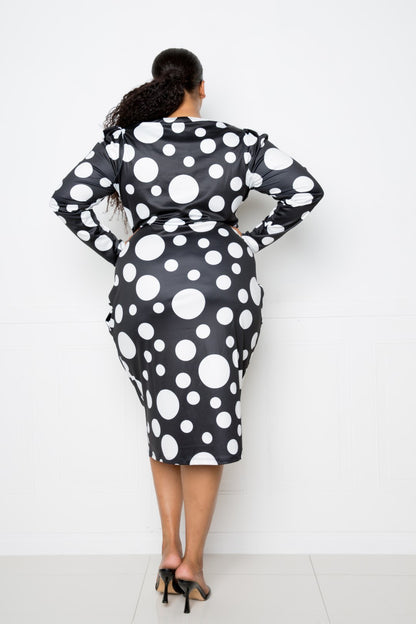 Polka Dot Drop Waist Ruched Midi Dress