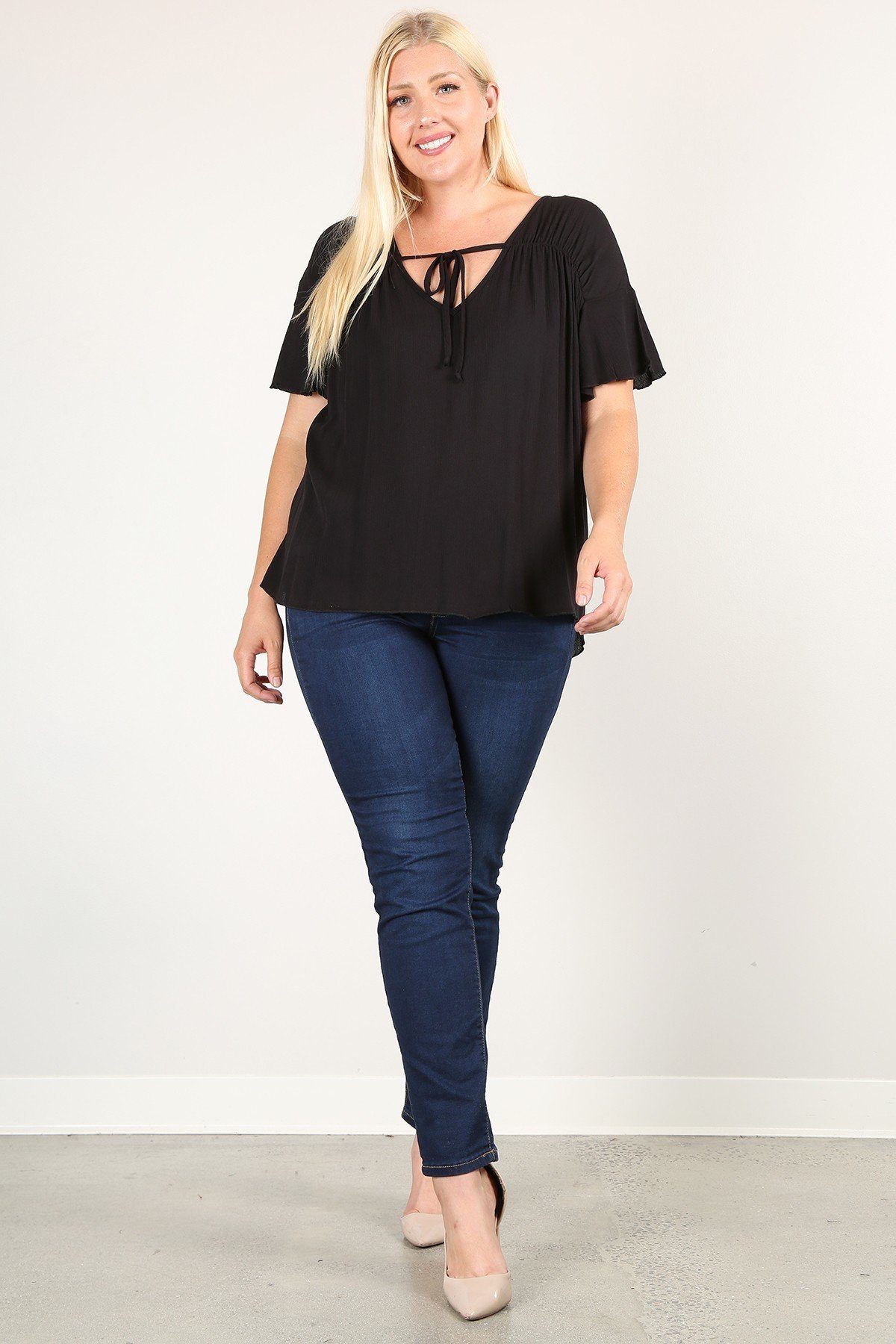 Plus Size Solid Top With A Necktie, Pleated Detail, And Flutter Sleeves