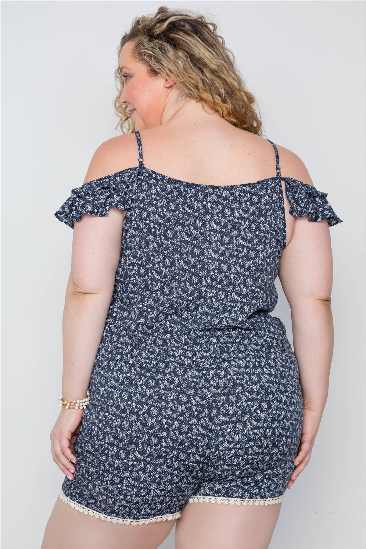 Plus Size Navy Floral Print Lace Up Romper