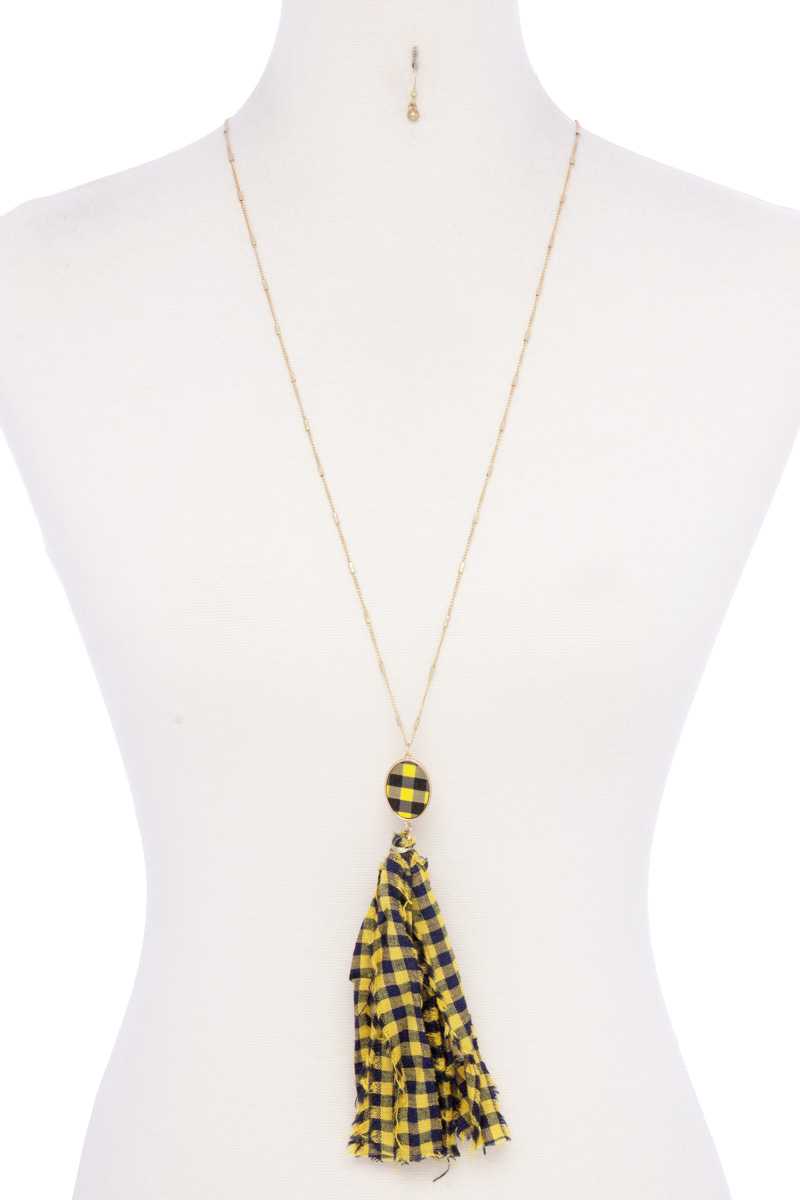 Checkered Pattern Fabric Tassel Necklace