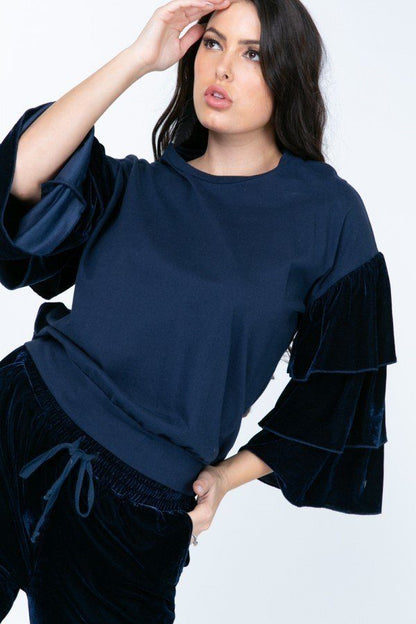 Tiered Velvet Ruffle Sleeve Pullover Crewneck Top