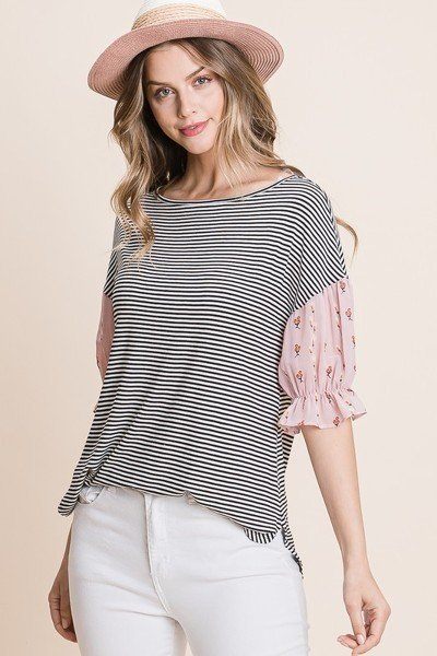 Cute Striped Curved Hem Casual Top