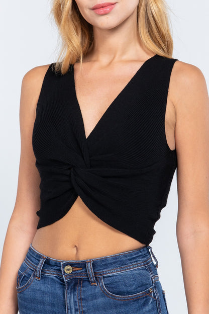 Sleeveless V-neck Twist Knot Knit Top