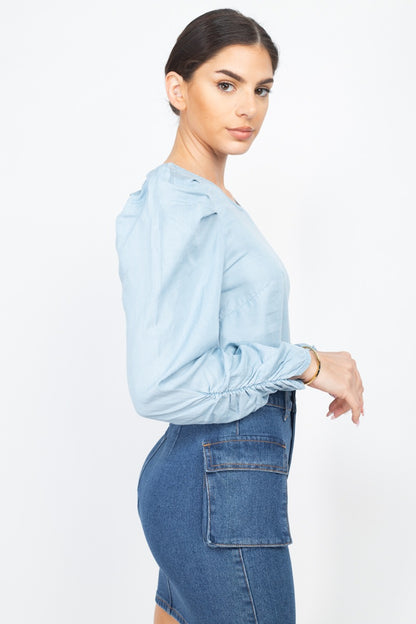 Shirring Puff Sleeves Denim Top