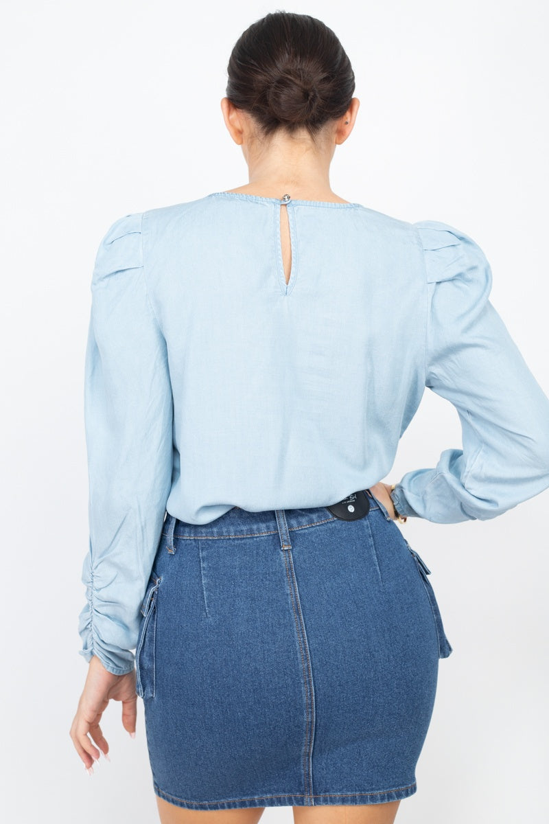 Shirring Puff Sleeves Denim Top