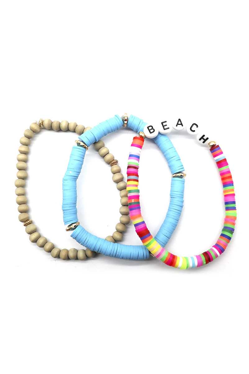 Pulsera Multi Estiramiento De Letras De Playa Con Cuentas De Disco De Goma De Madera De Moda