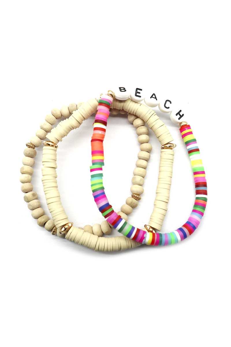 Pulsera Multi Estiramiento De Letras De Playa Con Cuentas De Disco De Goma De Madera De Moda