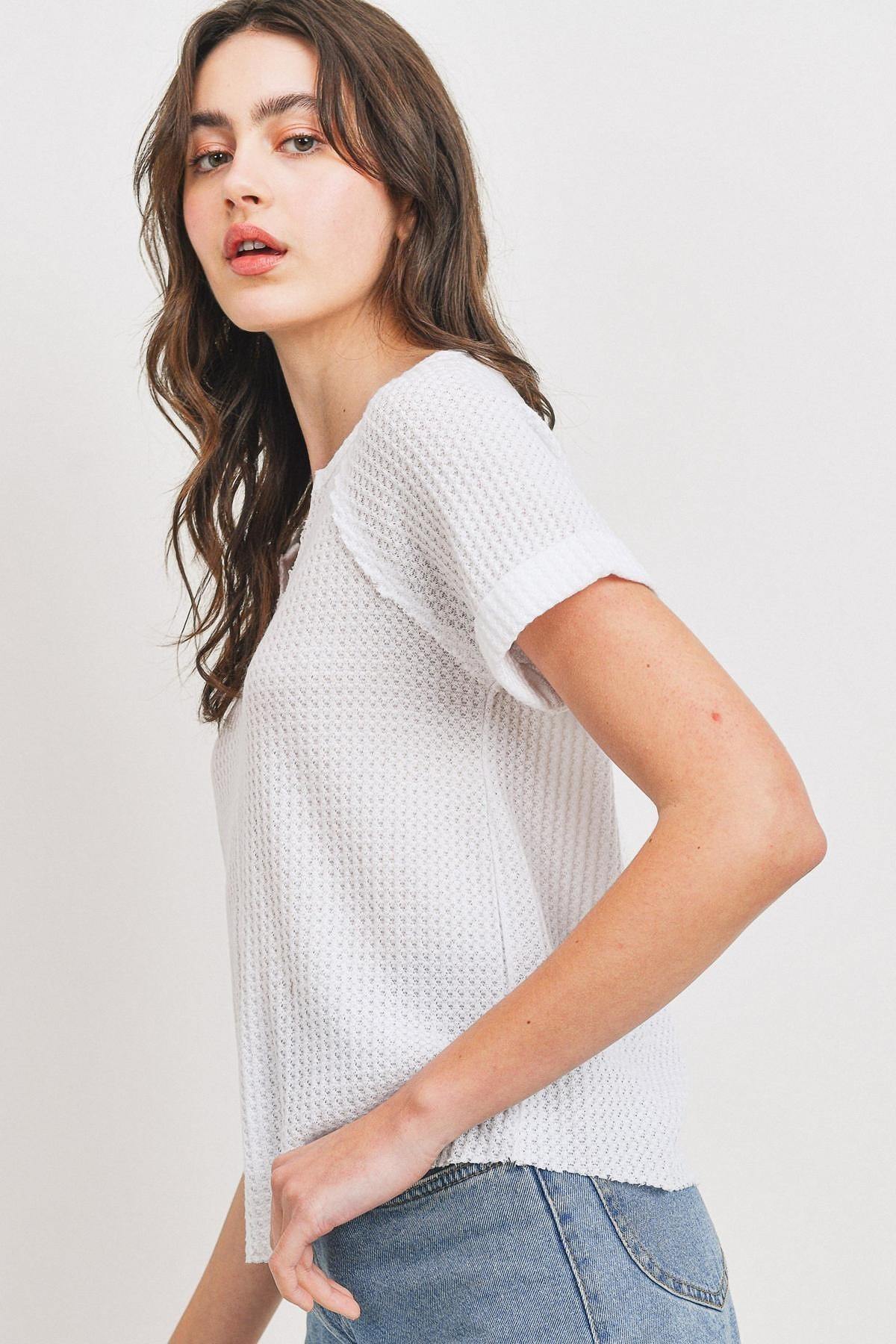 Waffle Raw Edge V-neck Rolled Up Short Sleeves Top