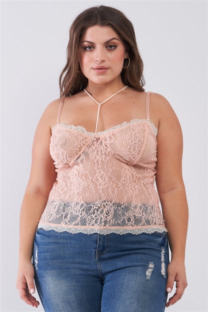 Plus Size Sleeveless Sheer Lace Halter Neck Detail Bustier Top