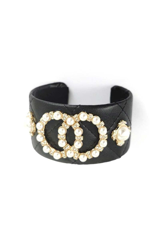 Pulsera De Cuero Sintético Con Tachuelas Y Doble Ronda De Perlas Fashion