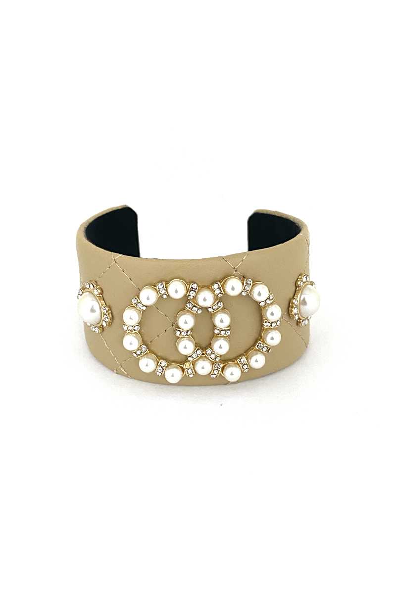 Pulsera De Cuero Sintético Con Tachuelas Y Doble Ronda De Perlas Fashion