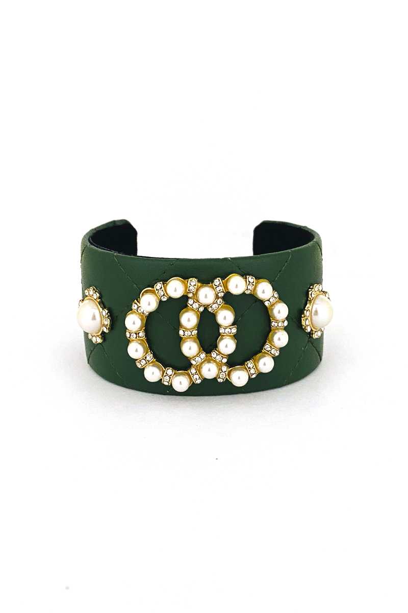 Pulsera De Cuero Sintético Con Tachuelas Y Doble Ronda De Perlas Fashion