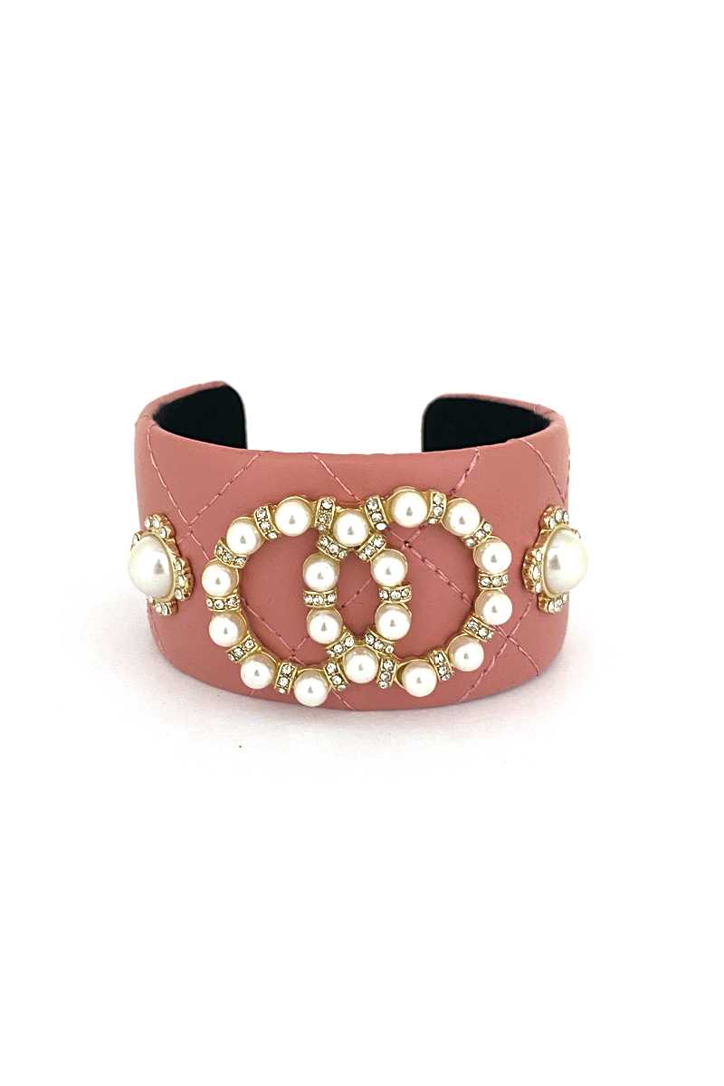 Pulsera De Cuero Sintético Con Tachuelas Y Doble Ronda De Perlas Fashion