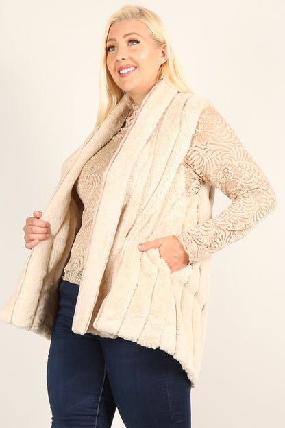 Plus Size Faux Fur Vest Jacket With Open Front, Hi-lo Hem, And Pockets