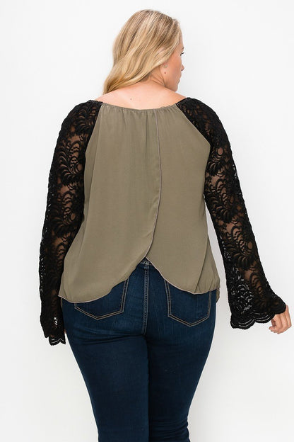 Solid Top Featuring Flattering Lace Bell Sleeves