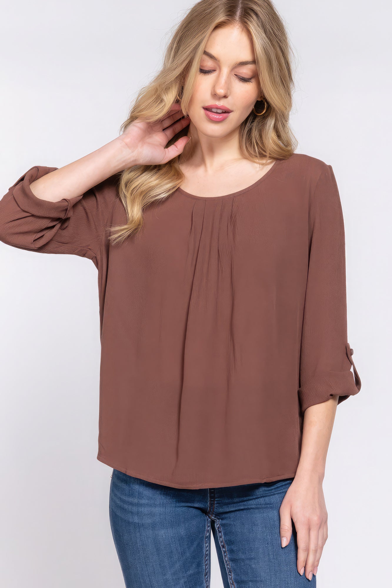 3/4 Roll Up Slv Pleated Blouse