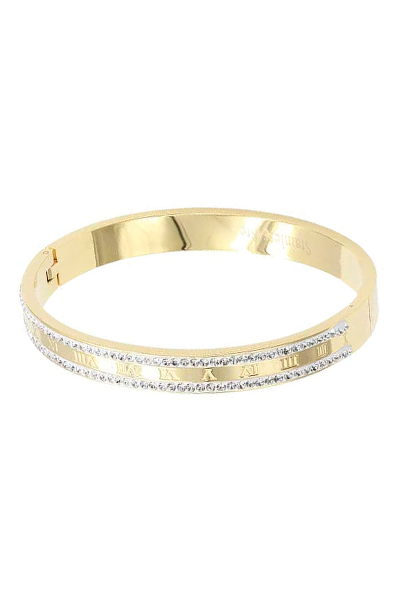 Brazalete de metal con borde de cristal y números romanos