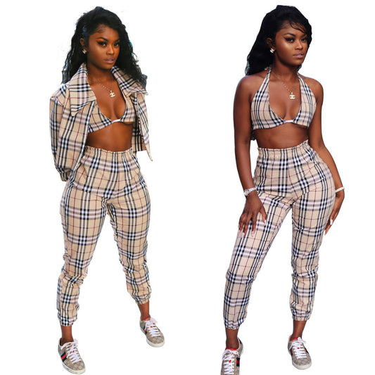 Women's plaid three-piece sets new style long sleeve trousers autumn and summer spring  sexy ladies' pencil pants 3 suits