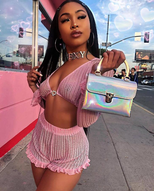 Cute Ruffled Mesh Trim Pink Shorts Set Two Piece Women Boho Knitted Crop Top And High Waist Booty Shorts Set Streetwear