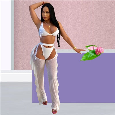 Sexy 3 Piece Set Bra Top Thongs Pearls Ruffle Sheer Mesh Pants Night Club Outfits Fashion Bikini Trousers Suit