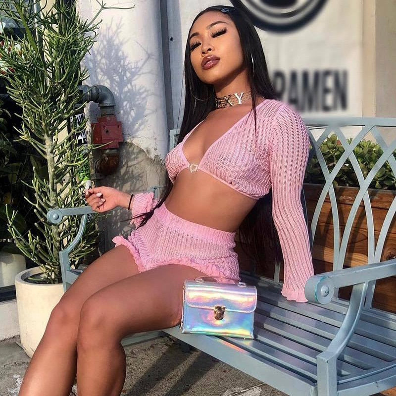 Cute Ruffled Mesh Trim Pink Shorts Set Two Piece Women Boho Knitted Crop Top And High Waist Booty Shorts Set Streetwear