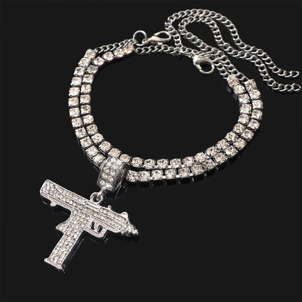 Flatfoosie 2Pcs/Set Gothic Hip Hop UZI Gun Pendant Anklets for Women Shiny Rhinestone Ankle Bracelet 2021 Barefoot Chain Jewelry