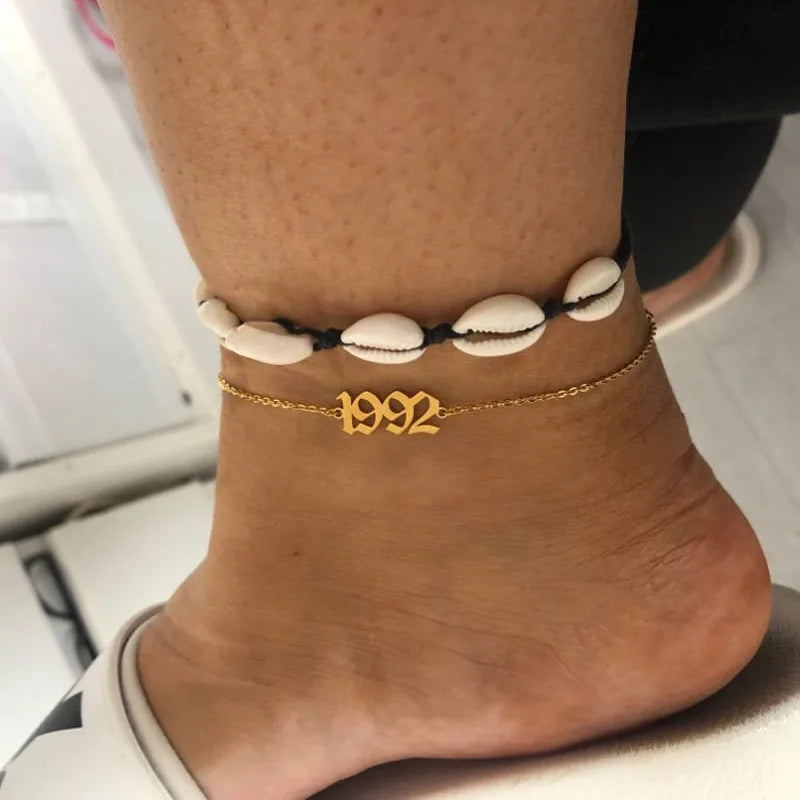 Stainless Steel Birth Year Initial Ankle bracelet Old English Anklets for Women 1997 1998 1999 Anklet Leg Chain Boho Jewerly