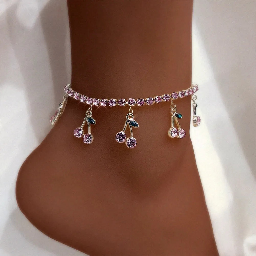 Trendy Red Big Rhinestone Cherry Anklet Bracelet For Women Bling Bling Crystal Fruit Tennis Ankle Chain Punk Party Jewelry Gifts