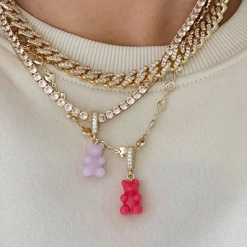 Punk Colorful Gummy Bear Pendant Metal Crystal Choker Necklace for Women Multi-layer Cute Bear Tennis Clavicle Chain New Jewelry