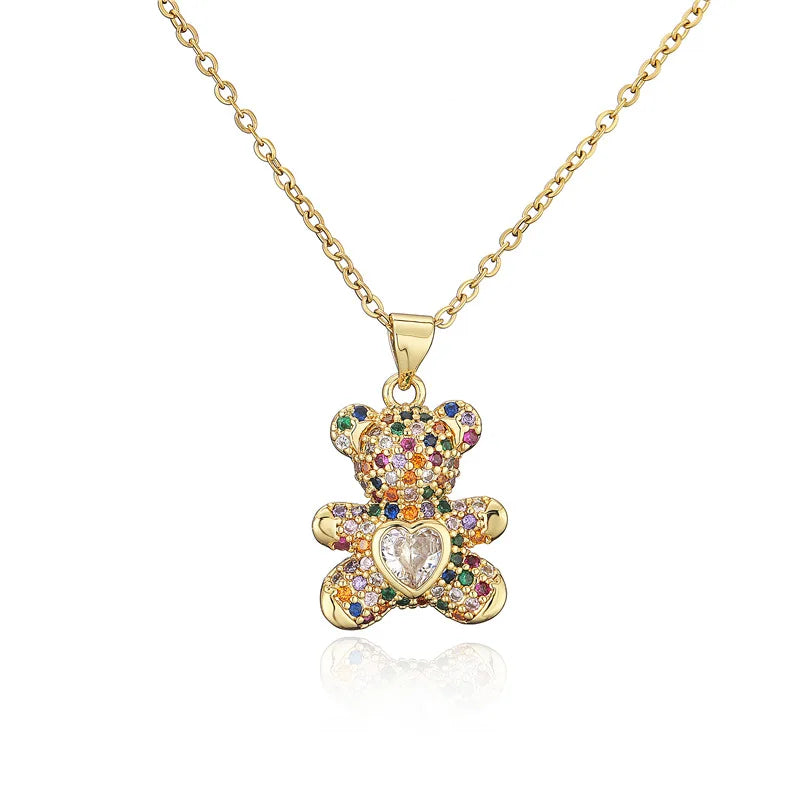 10 Colors Stainless Steel Cute Bear Pendant Necklace Design Pave Setting Zircon Copper Collares Gold-chain Valentine's Day Gift