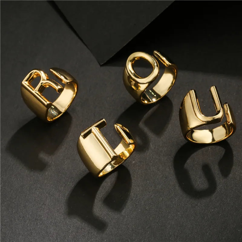 Hollow A-Z Letter Gold Color Metal Adjustable Opening Ring Initials Name Alphabet Female Party Chunky Wide Trendy Jewelry