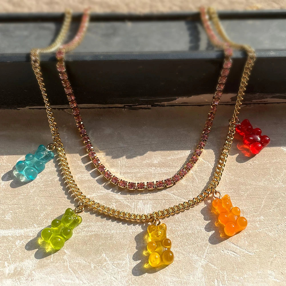 Punk Colorful Gummy Bear Pendant Metal Crystal Choker Necklace for Women Multi-layer Cute Bear Tennis Clavicle Chain New Jewelry