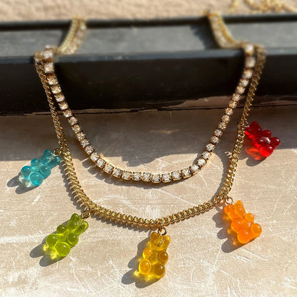 Punk Colorful Gummy Bear Pendant Metal Crystal Choker Necklace for Women Multi-layer Cute Bear Tennis Clavicle Chain New Jewelry