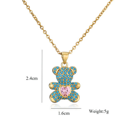 10 Colors Stainless Steel Cute Bear Pendant Necklace Design Pave Setting Zircon Copper Collares Gold-chain Valentine's Day Gift