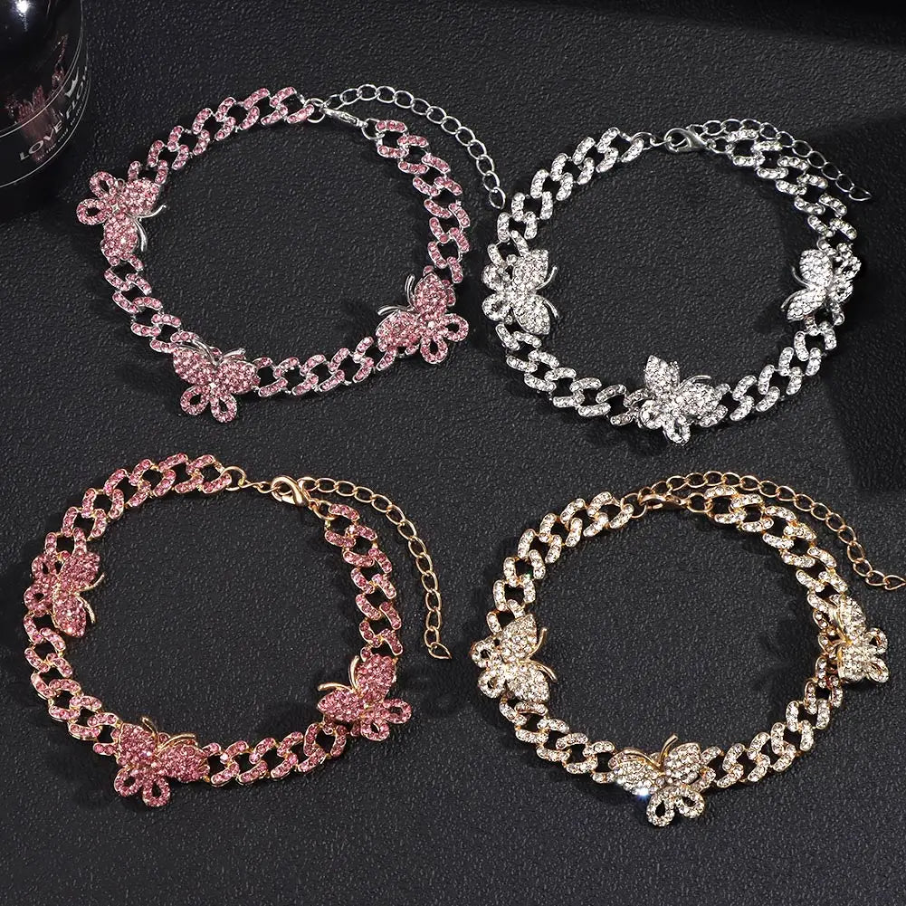 Flatfoosie Iced Out Rhinestone Cuban Link Chain Anklets for Women Punk Hip Hop Crystal Butterfly Ankle Bracelet Barefoot Jewelry