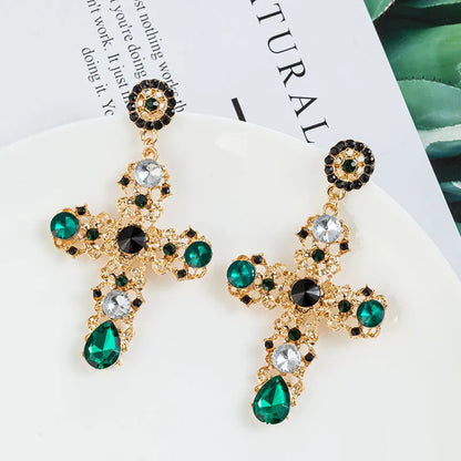 New Arrival Vintage Black Pink Crystal Cross Drop Earrings for Women Baroque Bohemian Large Long Earrings Jewelry Brincos 2023